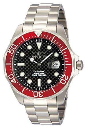 Invicta Mens Pro Diver Black Carbon Fiber Dial Stainless Steel Bracelet Red Bezel Watch 12565