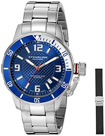 Stuhrling Original Men's 676.02.SET Aquadiver Quartz Date Bracelet and Rubber Strap Set Blue Dial Watch