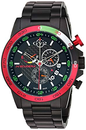 GV2 by Gevril Scuderia Mens Chronograph Swiss Quartz Alarm GMT Black Stainless Steel Sports Racing Watch, (Model: 9907)