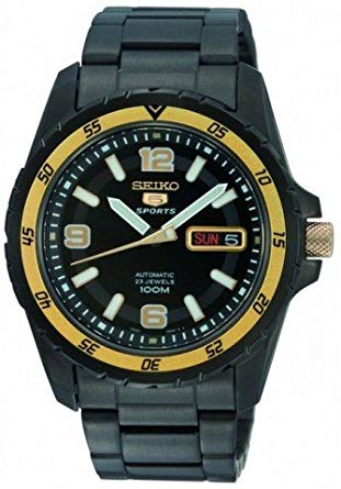 Black Anodized Stainless Steel Seiko 5 Sports Automatic Black Dial Yellow Accent