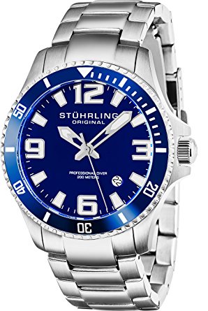 Stuhrling Original Mens Swiss Quartz Stainless Steel Sport Analog Dive Watch, Water Resistant 200 Meters, Blue Dial, Aqua-diver 395.33U16