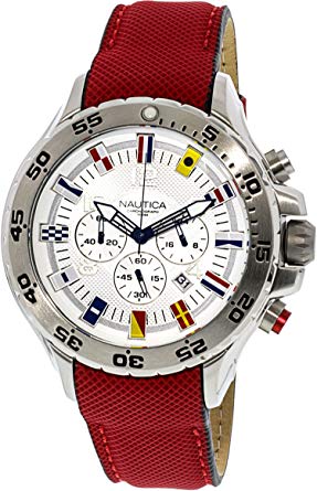 Nautica Mens NVL100 Chronograph White Dial Stainless Steel Decagon Case Red Watch N24515G