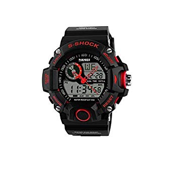 Cyber Monday Men Sports Watches Military Watch LED Digital & Analog 5ATM Outdoor Climbing Mountaineering Rubber Red