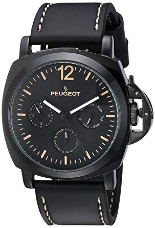 Peugeot Men's 'Multi-Function' Quartz Metal and Leather Sport Watch, Color:Black (Model: 2056BK)