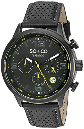 SO&CO New York Men's 'Monticello' Quartz Stainless Steel and Leather Sport Watch, Color:Black (Model: 5279.1)